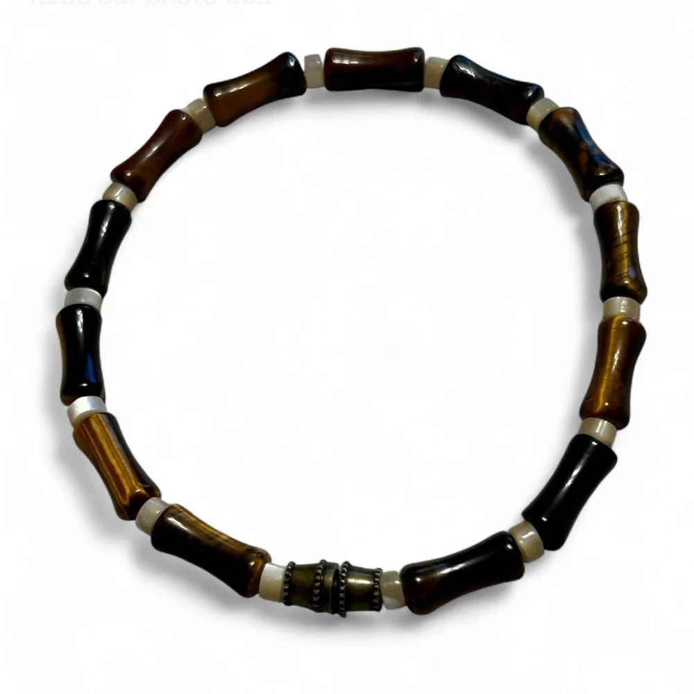 HANDMADE Brown & Black Beaded Bracelet Bamboo Shape  Tread Barrel Clasp, New.